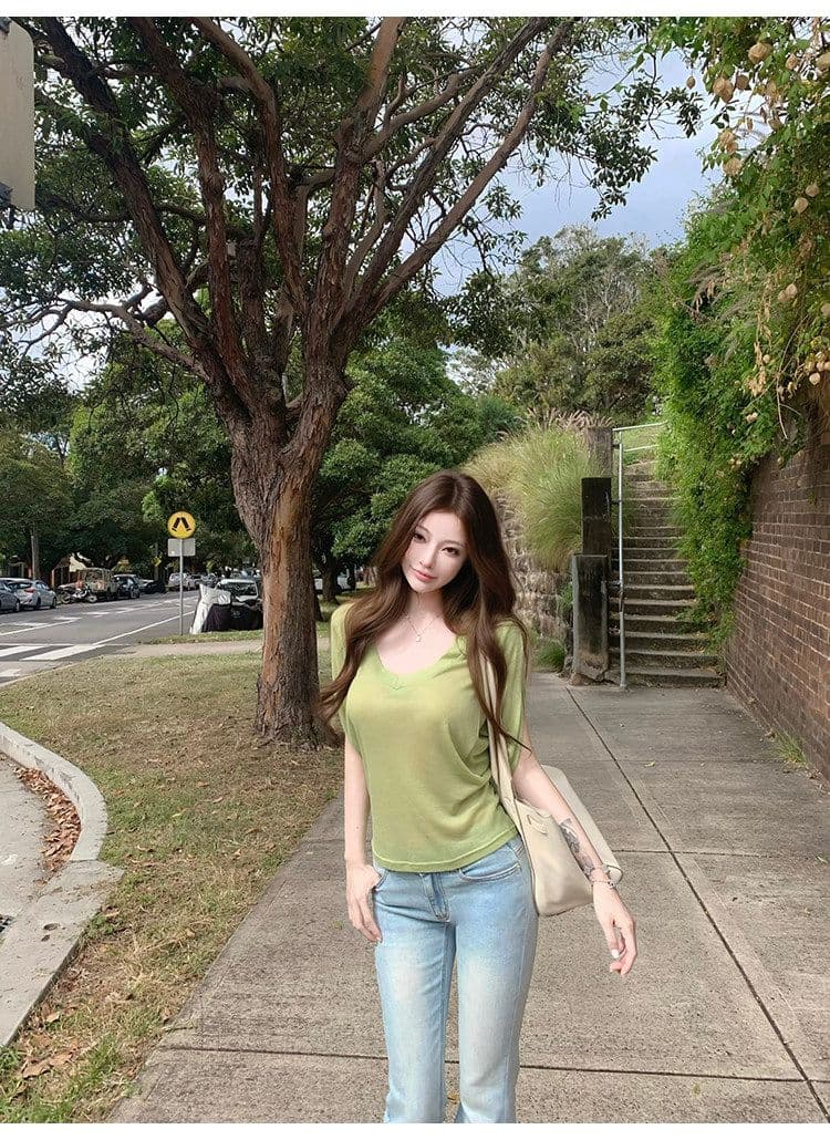라이 경기 서울 작은 대중 순수한 욕망 분위기 센스 배트윙 소매 티셔츠 여름 새로운 녹색 루즈핏 슬림해 보이는 V넥 핫걸 맨위 상세 이미지 9