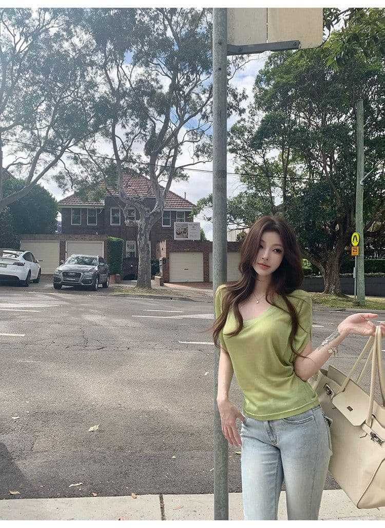 라이 경기 서울 작은 대중 순수한 욕망 분위기 센스 배트윙 소매 티셔츠 여름 새로운 녹색 루즈핏 슬림해 보이는 V넥 핫걸 맨위 상세 이미지 10
