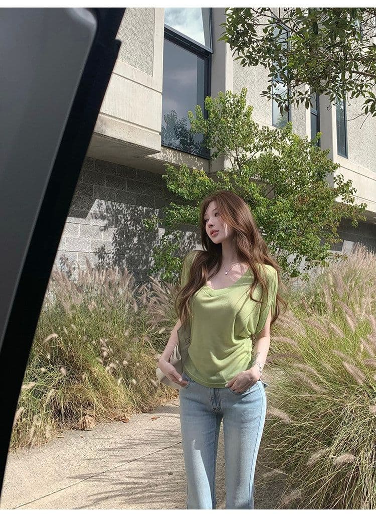 라이 경기 서울 작은 대중 순수한 욕망 분위기 센스 배트윙 소매 티셔츠 여름 새로운 녹색 루즈핏 슬림해 보이는 V넥 핫걸 맨위 상세 이미지 19