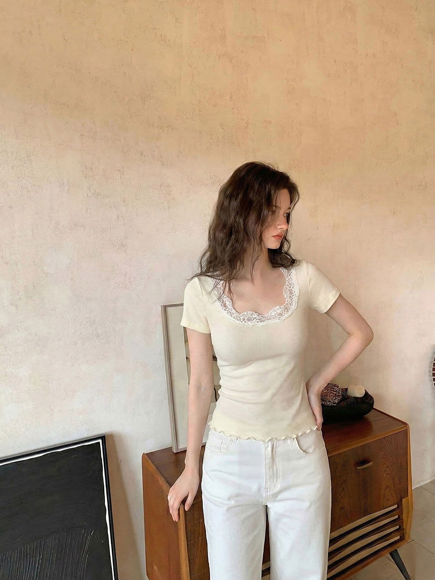 순수한 욕망 대 u 칼라 레이스 조각 반팔 티셔츠 여성 여름 긍정적 인 어깨 몸매 가꾸기 다용도 짧은 맨위 상세 이미지 3