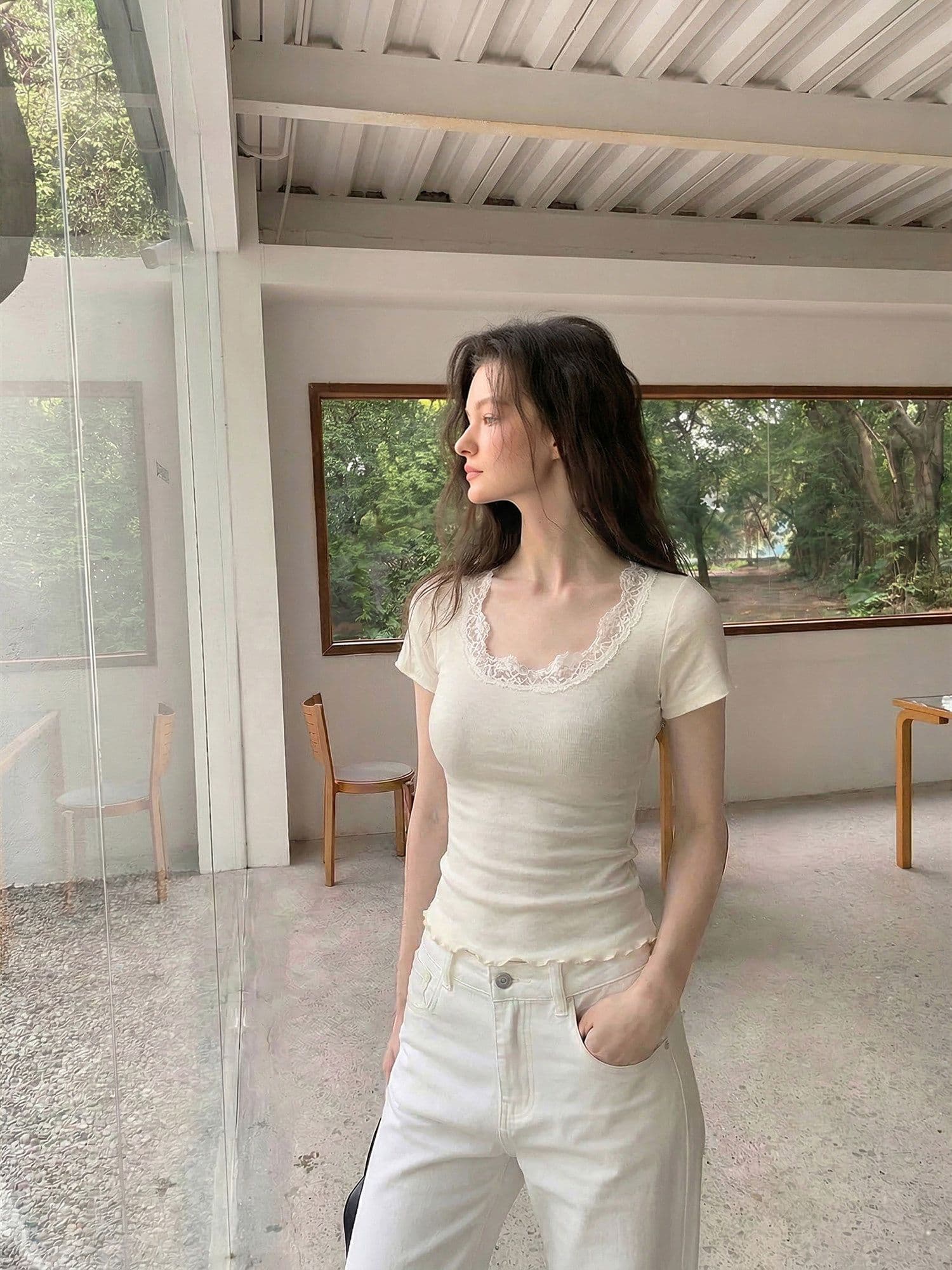 순수한 욕망 대 u 칼라 레이스 조각 반팔 티셔츠 여성 여름 긍정적 인 어깨 몸매 가꾸기 다용도 짧은 맨위 상세 이미지 4