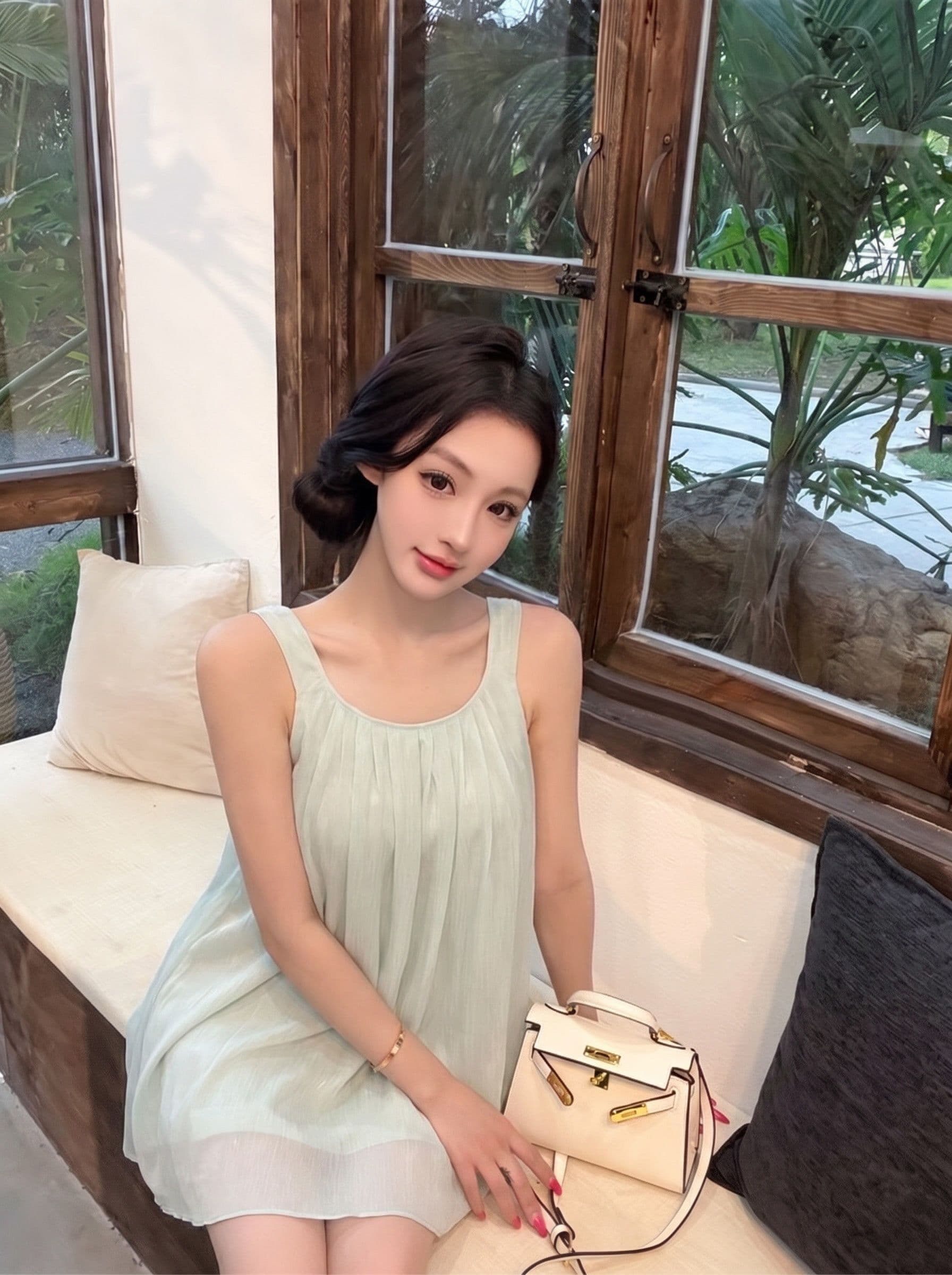 녹색 이동 가벼움 2026 새로운 시폰 셔츠 여성 여름 휴가 바람 조끼 같이 갔다. 이신 가스 플리츠 맨위 트렌디 상세 이미지 3