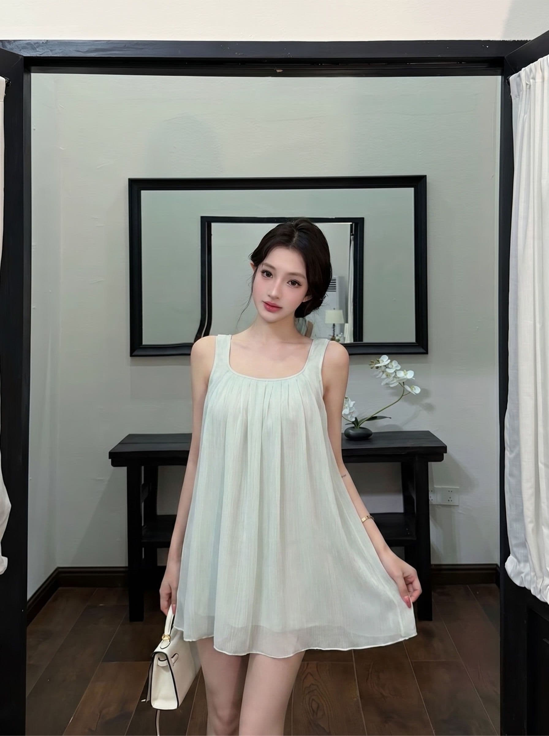 녹색 이동 가벼움 2026 새로운 시폰 셔츠 여성 여름 휴가 바람 조끼 같이 갔다. 이신 가스 플리츠 맨위 트렌디 상세 이미지 7