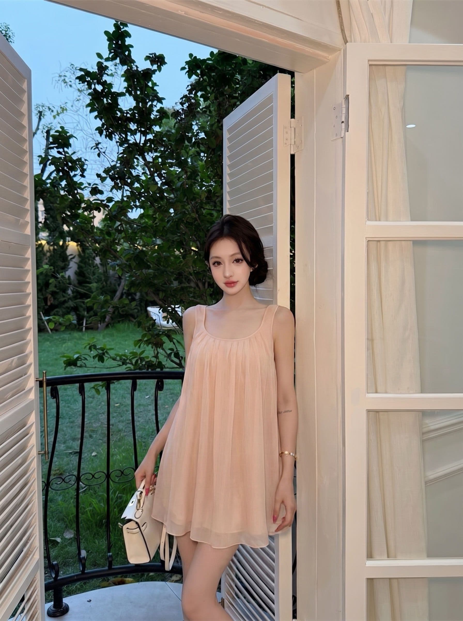 녹색 이동 가벼움 2026 새로운 시폰 셔츠 여성 여름 휴가 바람 조끼 같이 갔다. 이신 가스 플리츠 맨위 트렌디 상세 이미지 9