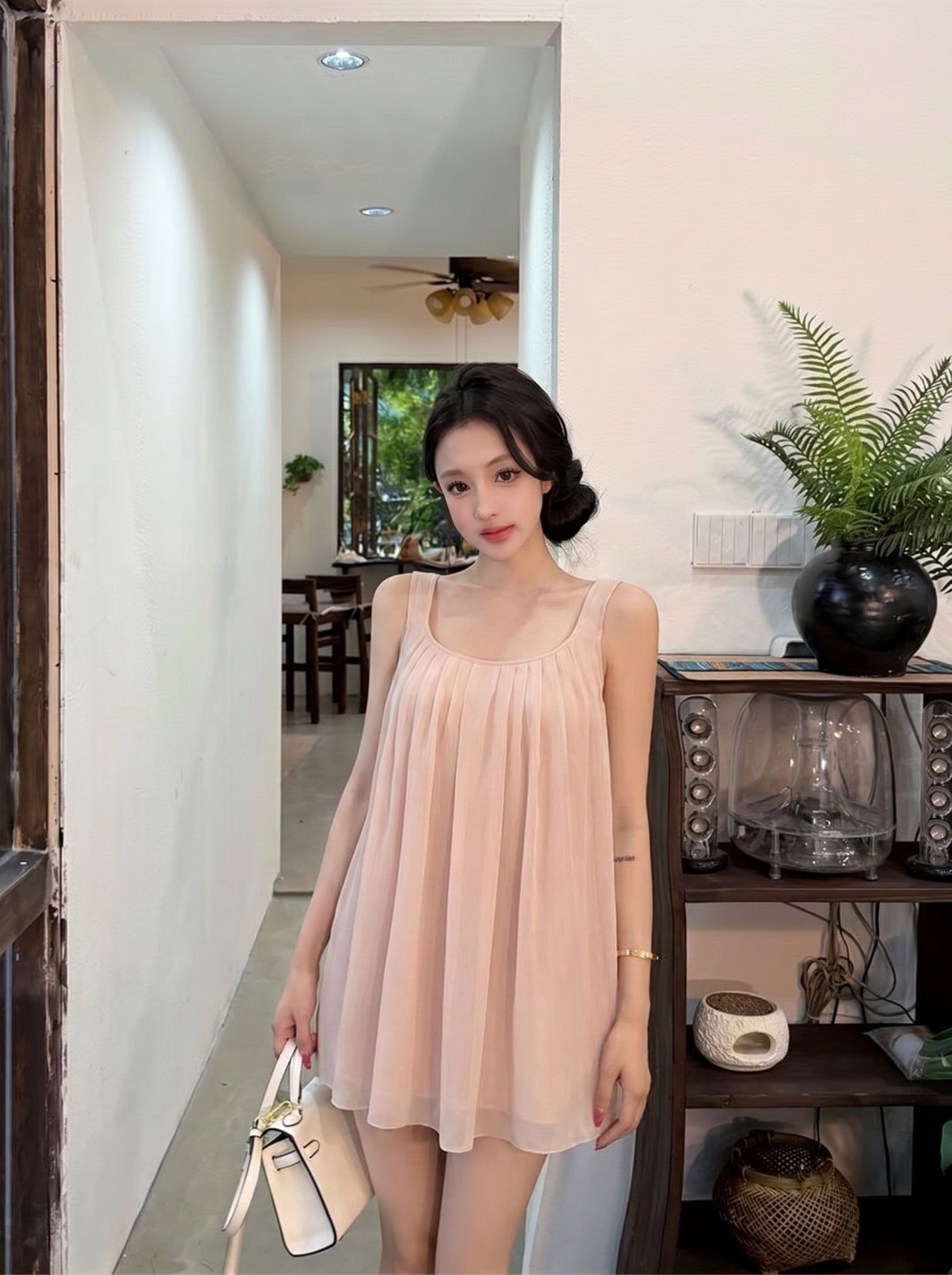 녹색 이동 가벼움 2026 새로운 시폰 셔츠 여성 여름 휴가 바람 조끼 같이 갔다. 이신 가스 플리츠 맨위 트렌디 상세 이미지 11