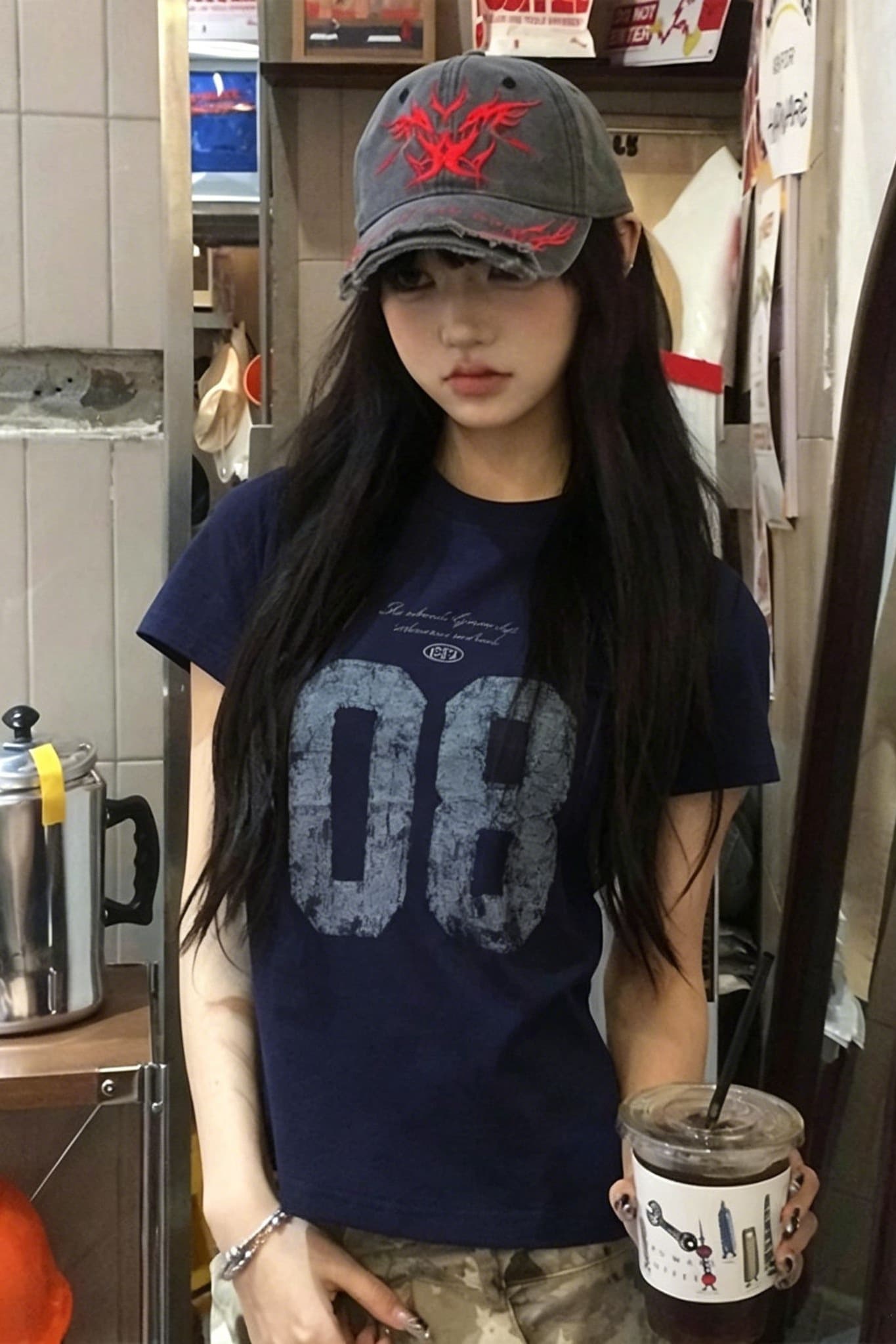 순면 40 220 그램 92 면 8 암모니아 Lun 한국 스타일 새로운 긍정적 인 어깨 반팔 티셔츠 여성 프린트 핫걸 맨위 이미지 6
