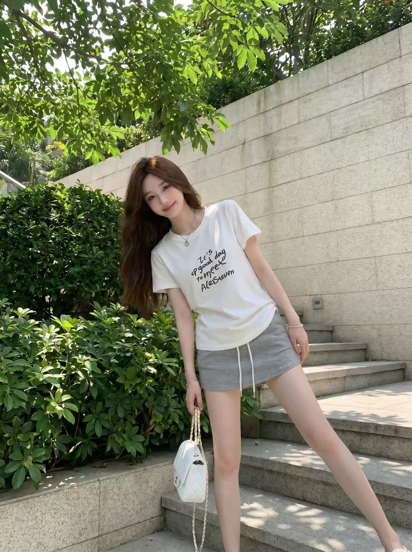 순면 40 220 그램 92 면 8 암모니아 Lun 한국 스타일 새로운 긍정적 인 어깨 반팔 티셔츠 여성 프린트 핫걸 맨위 이미지 2