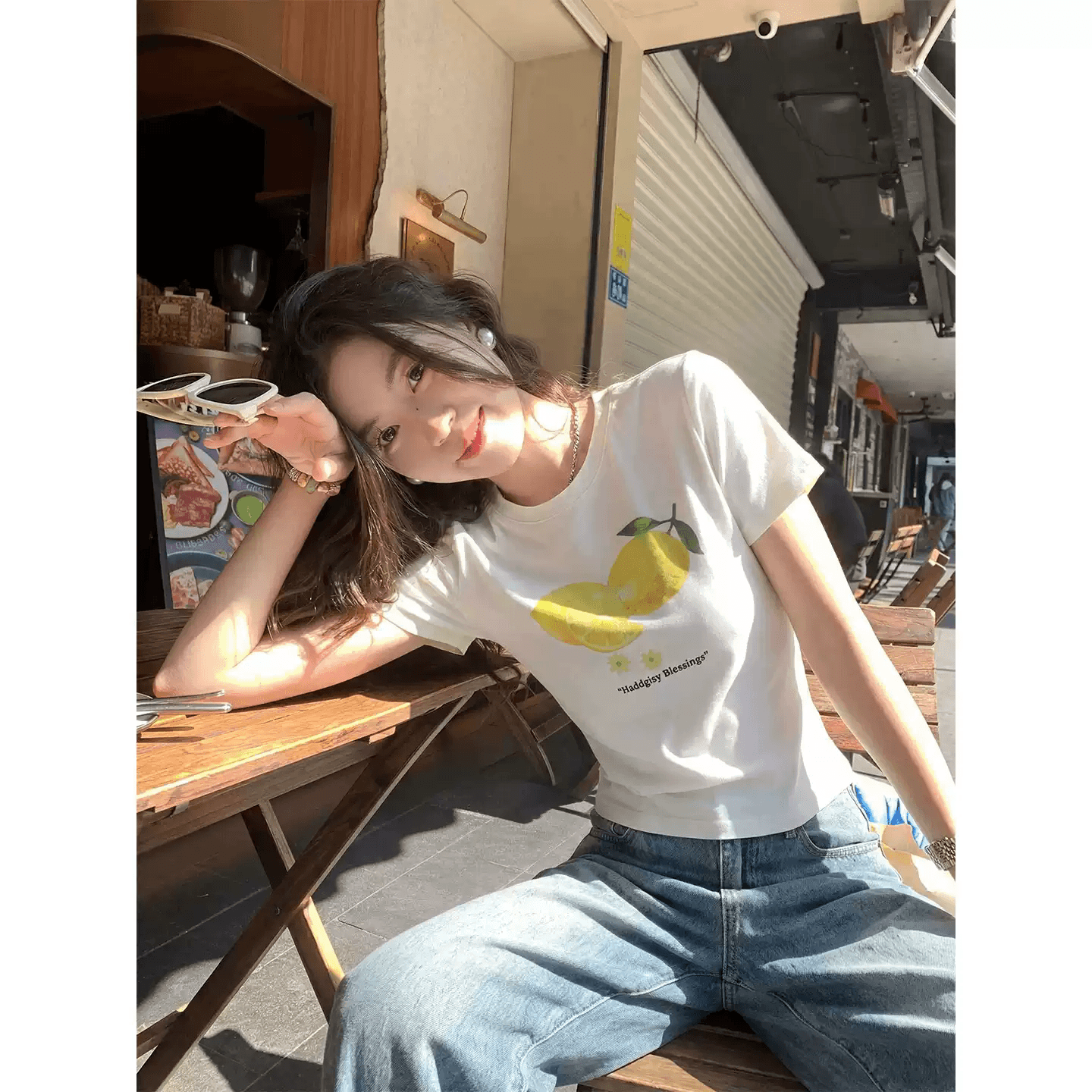 순면 40 220 그램 92 면 8 암모니아 Lun 한국 스타일 새로운 긍정적 인 어깨 반팔 티셔츠 여성 프린트 핫걸 맨위 상세 이미지 2