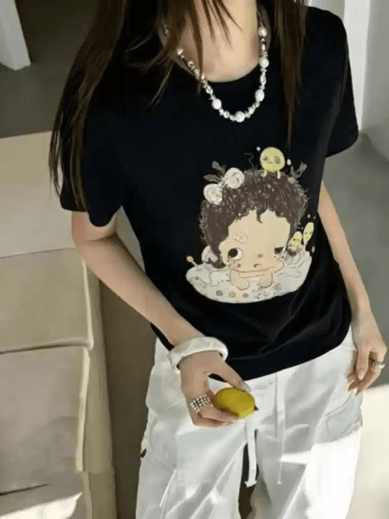 순면 40 220 그램 92 면 8 암모니아 Lun 한국 스타일 새로운 긍정적 인 어깨 반팔 티셔츠 여성 프린트 핫걸 맨위 상세 이미지 6