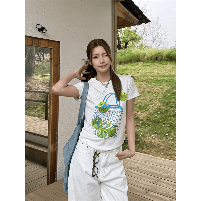 순면 40 220 그램 92 면 8 암모니아 Lun 한국 스타일 새로운 긍정적 인 어깨 반팔 티셔츠 여성 프린트 몸매 가꾸기 핫걸 맨위 이미지 3