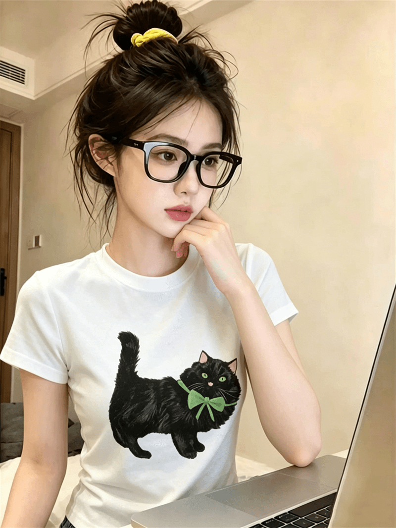 순면 40 220 그램 92 면 8 암모니아 Lun 한국 스타일 새로운 긍정적 인 어깨 반팔 티셔츠 여성 프린트 몸매 가꾸기 핫걸 맨위 상세 이미지 2