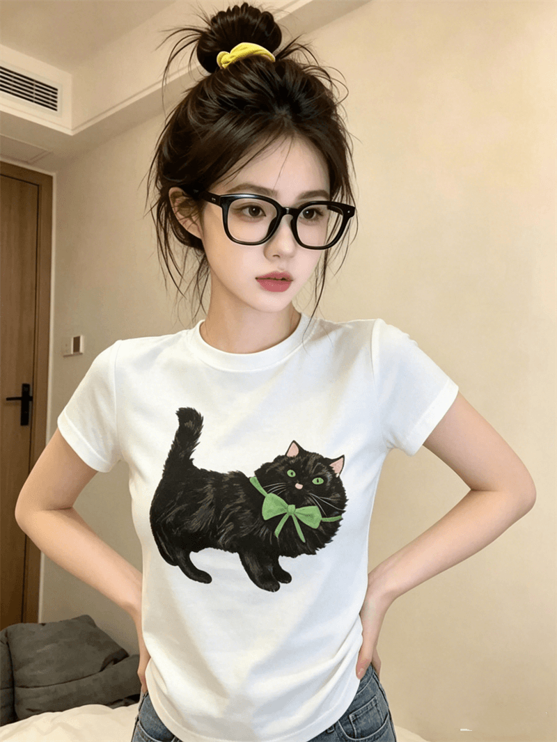순면 40 220 그램 92 면 8 암모니아 Lun 한국 스타일 새로운 긍정적 인 어깨 반팔 티셔츠 여성 프린트 몸매 가꾸기 핫걸 맨위 상세 이미지 5