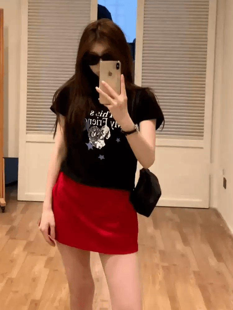 순면 40 220 그램 92 면 8 암모니아 Lun 한국 스타일 새로운 긍정적 인 어깨 반팔 티셔츠 여성 프린트 몸매 가꾸기 핫걸 맨위 이미지 3