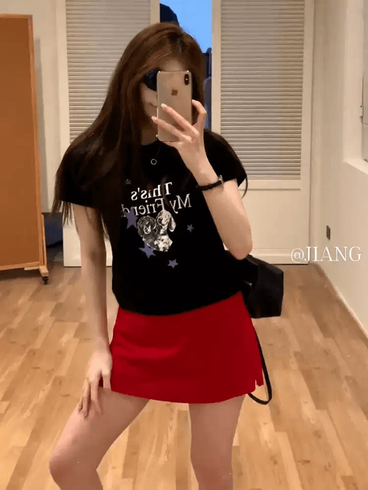 순면 40 220 그램 92 면 8 암모니아 Lun 한국 스타일 새로운 긍정적 인 어깨 반팔 티셔츠 여성 프린트 몸매 가꾸기 핫걸 맨위 상세 이미지 4