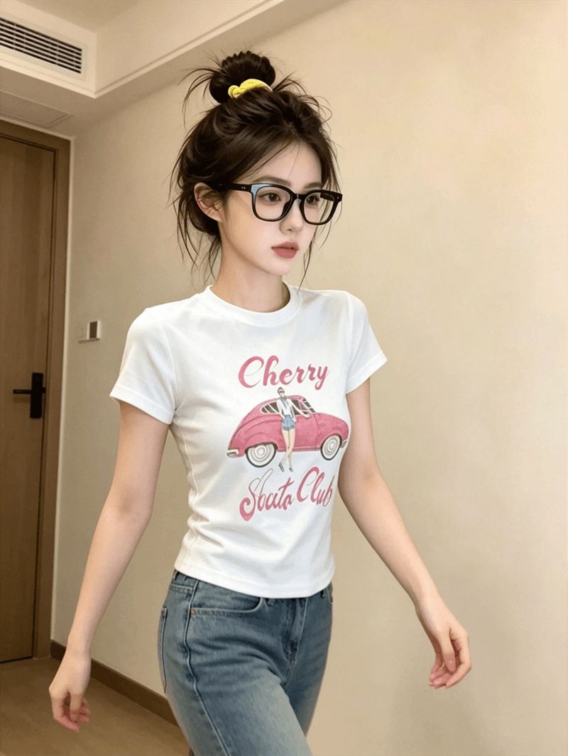 순면 40 220 그램 92 면 8 암모니아 Lun 한국 스타일 새로운 긍정적 인 어깨 반팔 티셔츠 여성 프린트 몸매 가꾸기 핫걸 맨위 이미지 2