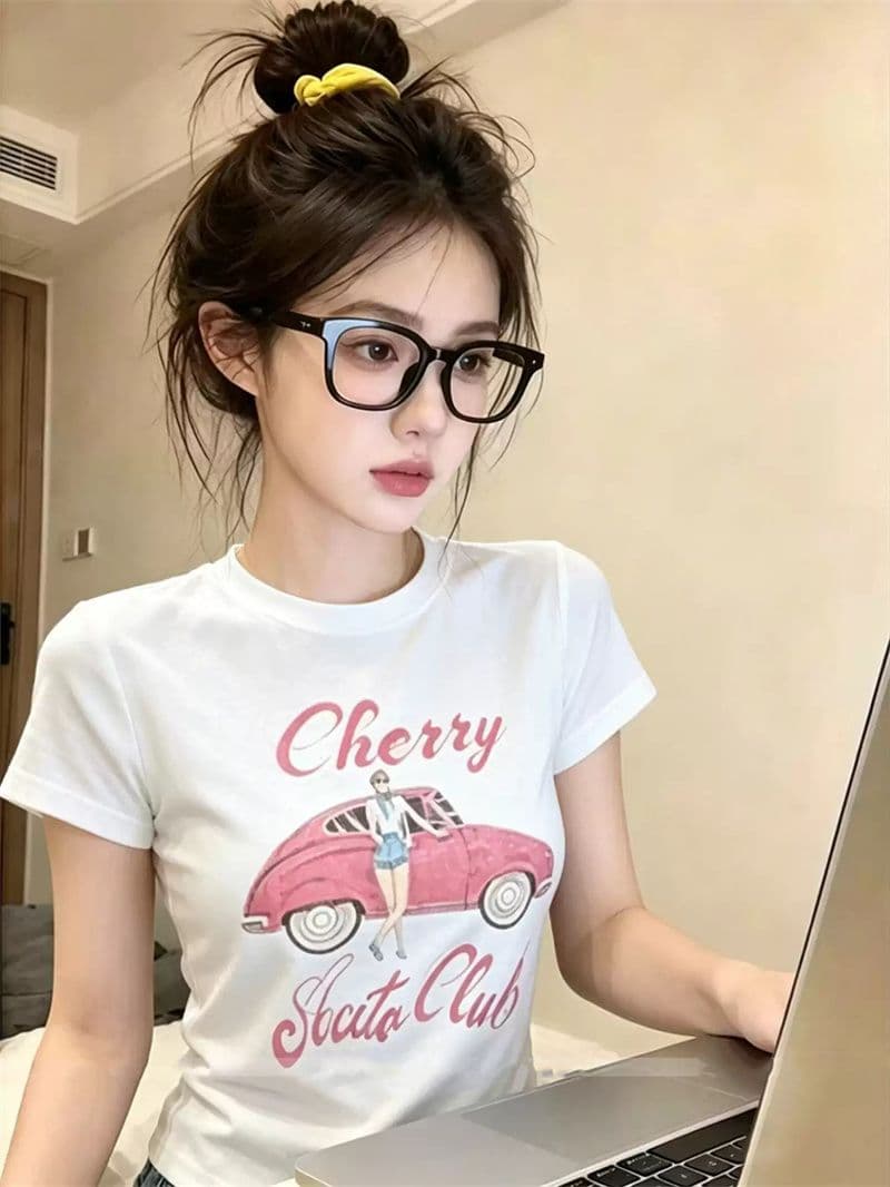 순면 40 220 그램 92 면 8 암모니아 Lun 한국 스타일 새로운 긍정적 인 어깨 반팔 티셔츠 여성 프린트 몸매 가꾸기 핫걸 맨위 상세 이미지 2