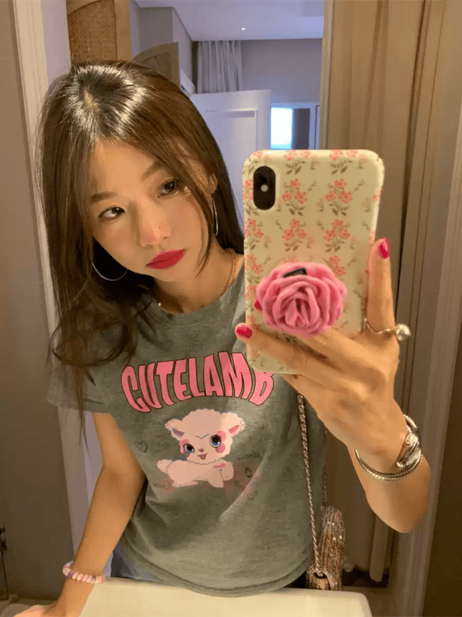 순면 40 220 그램 92 면 8 암모니아 Lun 한국 스타일 새로운 긍정적 인 어깨 반팔 티셔츠 여성 프린트 몸매 가꾸기 핫걸 맨위 상세 이미지 2