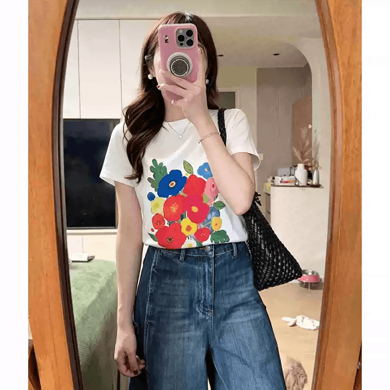 순면 40 220 그램 92 면 8 암모니아 Lun 한국 스타일 새로운 긍정적 인 어깨 반팔 티셔츠 여성 프린트 몸매 가꾸기 핫걸 맨위 이미지 3