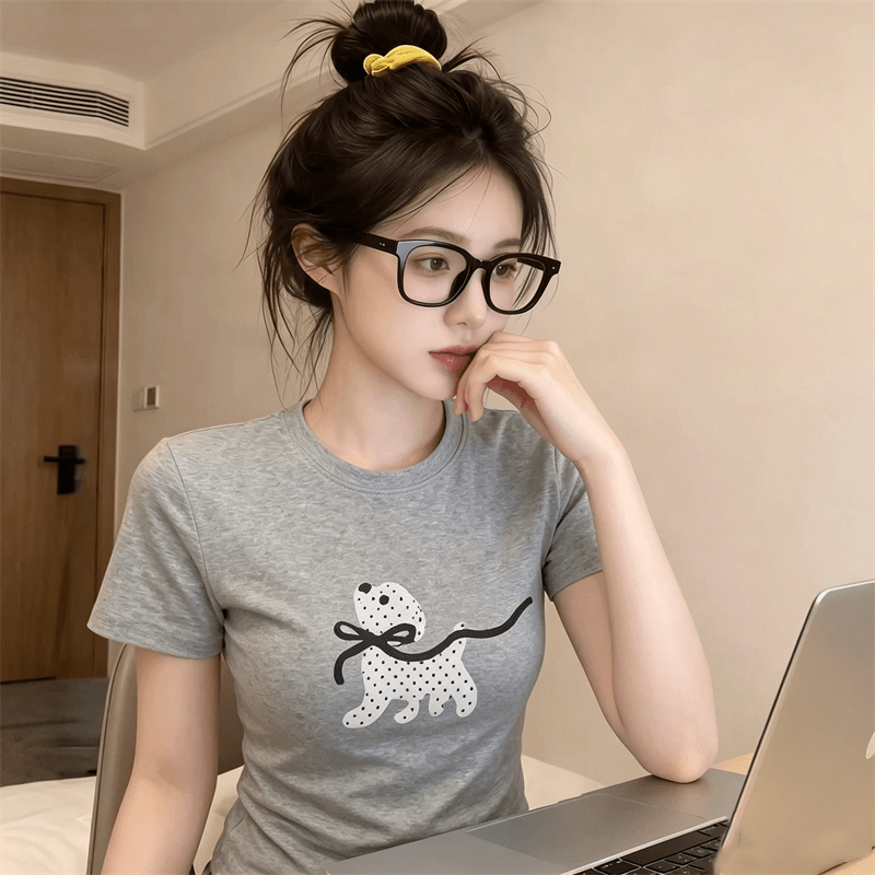순면 40 220 그램 92 면 8 암모니아 Lun 한국 스타일 새로운 긍정적 인 어깨 반팔 티셔츠 여성 프린트 몸매 가꾸기 핫걸 맨위 상세 이미지 2