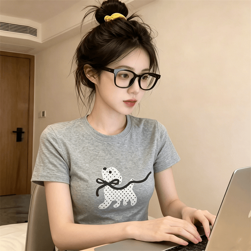 순면 40 220 그램 92 면 8 암모니아 Lun 한국 스타일 새로운 긍정적 인 어깨 반팔 티셔츠 여성 프린트 몸매 가꾸기 핫걸 맨위 상세 이미지 4