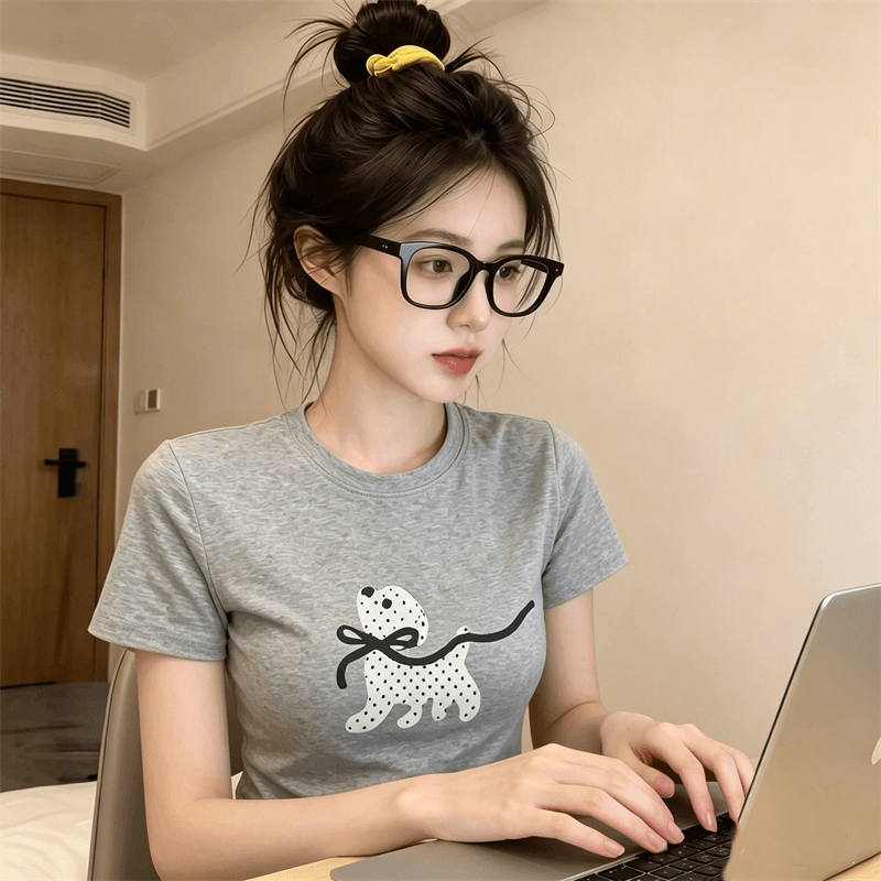 순면 40 220 그램 92 면 8 암모니아 Lun 한국 스타일 새로운 긍정적 인 어깨 반팔 티셔츠 여성 프린트 몸매 가꾸기 핫걸 맨위 상세 이미지 5