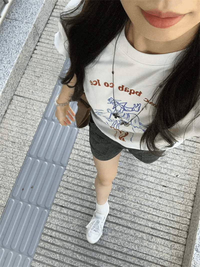 순면 40 220 그램 92 면 8 암모니아 Lun 한국 스타일 새로운 긍정적 인 어깨 반팔 티셔츠 여성 프린트 몸매 가꾸기 핫걸 맨위 상세 이미지 6