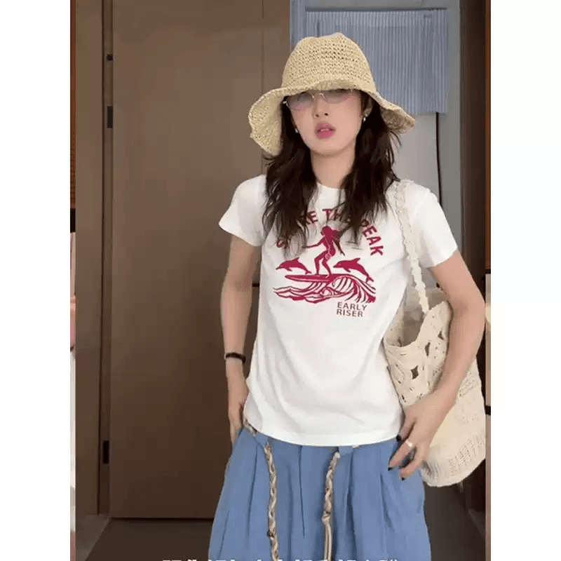 순면 40 220 그램 92 면 8 암모니아 Lun 한국 스타일 새로운 긍정적 인 어깨 반팔 티셔츠 여성 프린트 몸매 가꾸기 핫걸 맨위