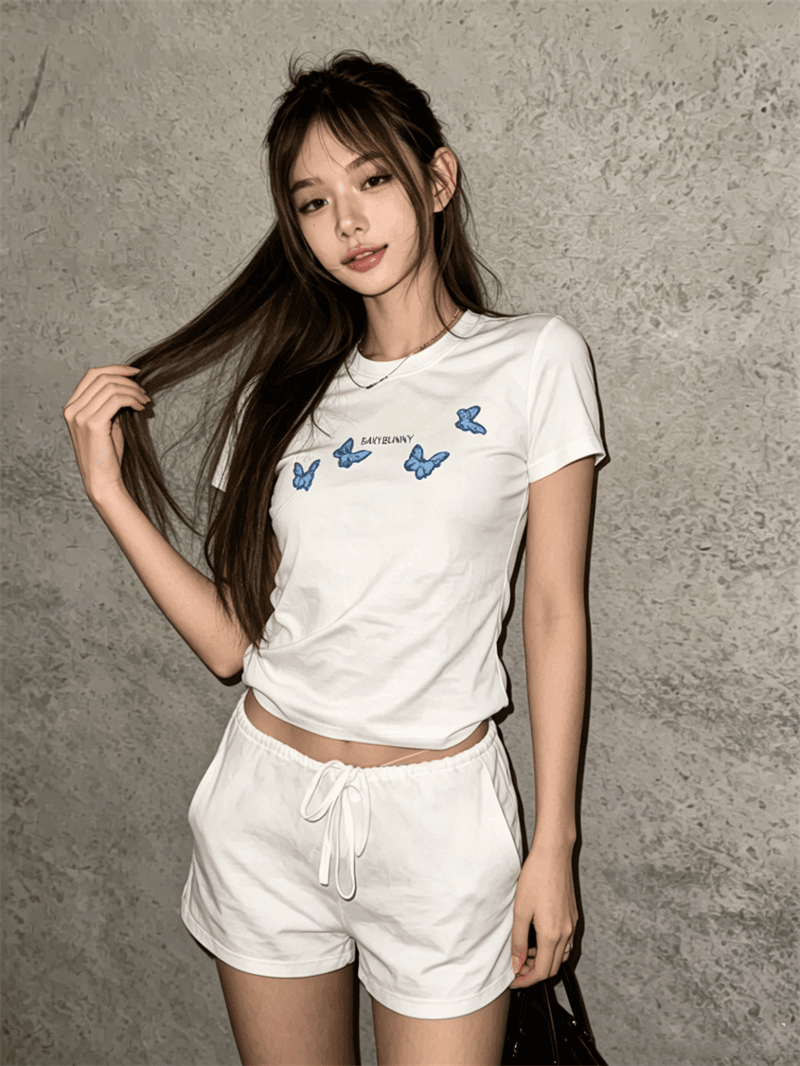 순면 40 220 그램 92 면 8 암모니아 Lun 한국 스타일 새로운 긍정적 인 어깨 반팔 티셔츠 여성 프린트 몸매 가꾸기 핫걸 맨위 이미지 2