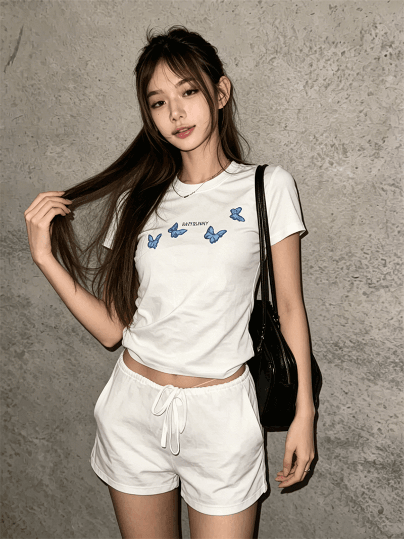 순면 40 220 그램 92 면 8 암모니아 Lun 한국 스타일 새로운 긍정적 인 어깨 반팔 티셔츠 여성 프린트 몸매 가꾸기 핫걸 맨위 이미지 3