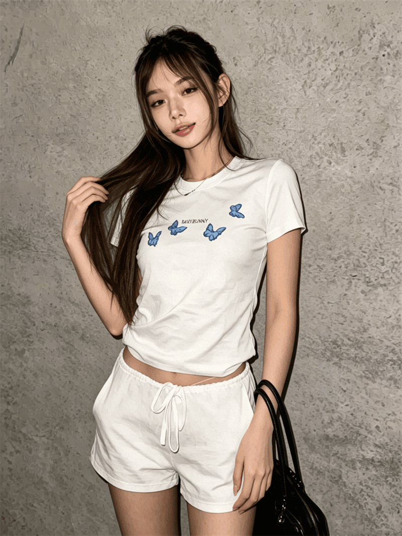 순면 40 220 그램 92 면 8 암모니아 Lun 한국 스타일 새로운 긍정적 인 어깨 반팔 티셔츠 여성 프린트 몸매 가꾸기 핫걸 맨위 상세 이미지 2