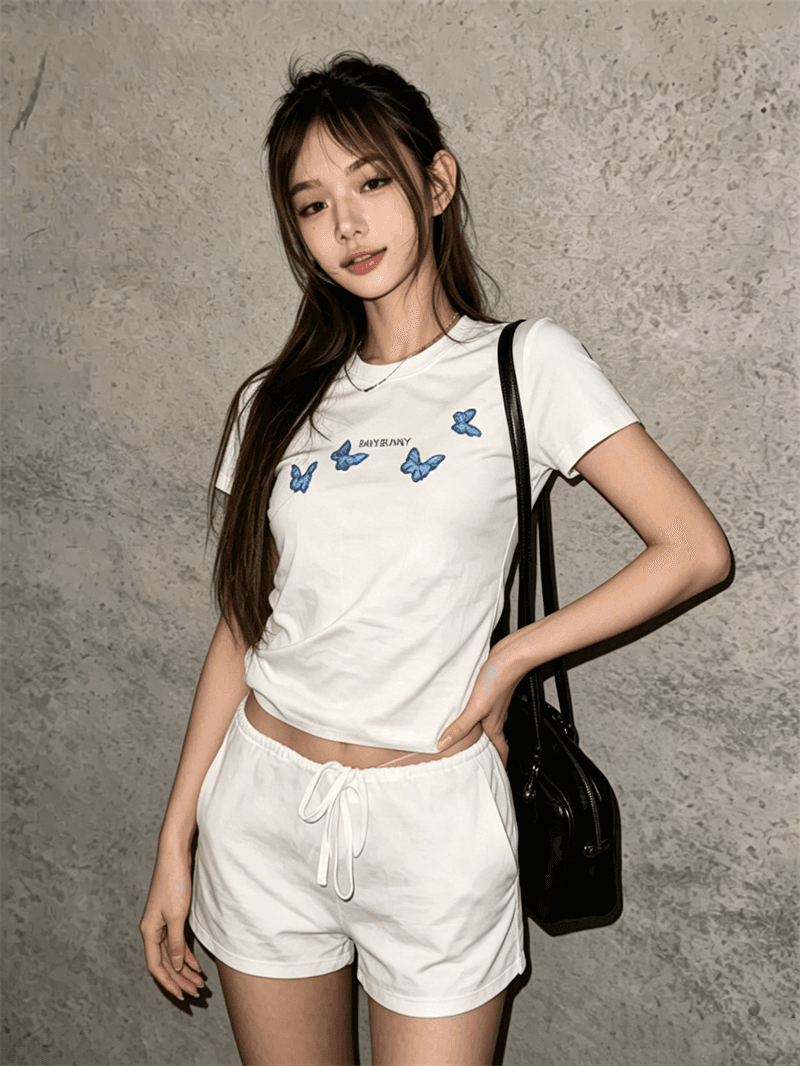 순면 40 220 그램 92 면 8 암모니아 Lun 한국 스타일 새로운 긍정적 인 어깨 반팔 티셔츠 여성 프린트 몸매 가꾸기 핫걸 맨위 상세 이미지 3