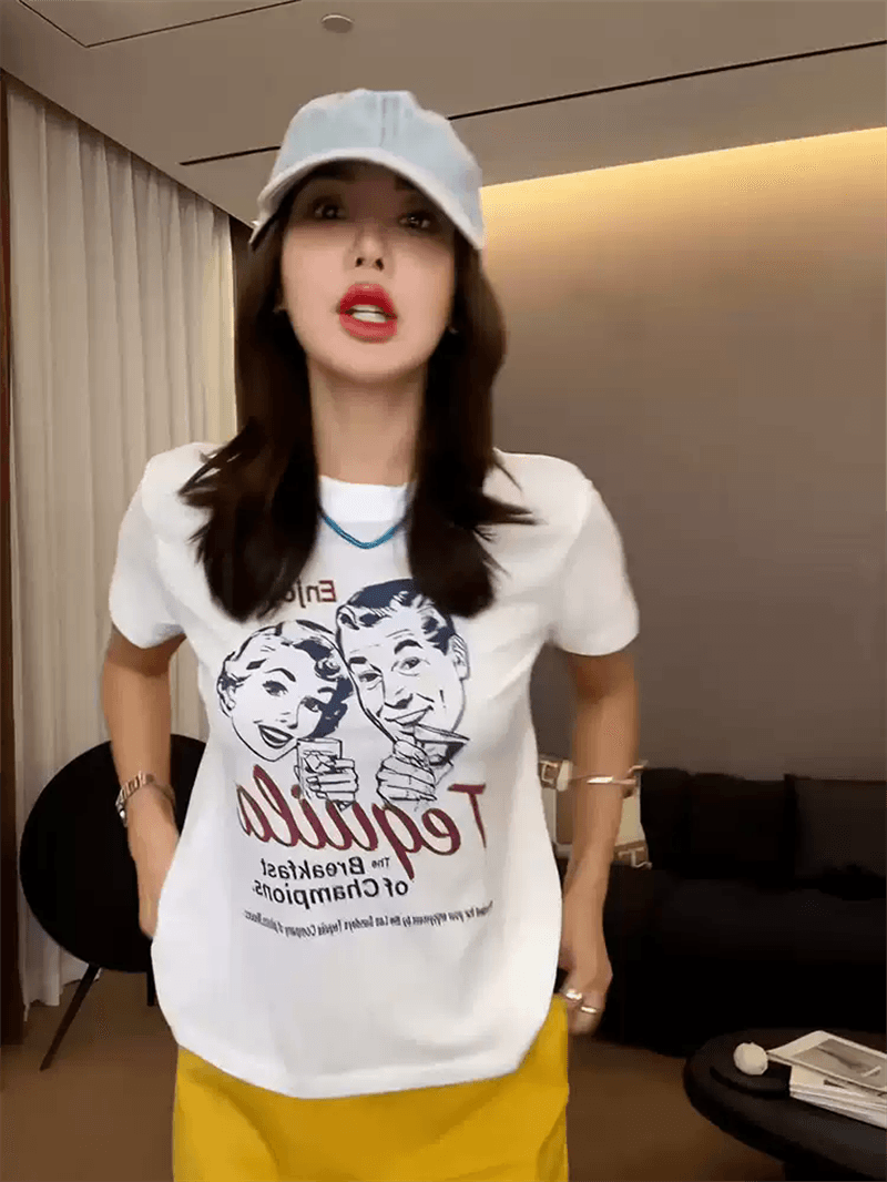 순면 40 220 그램 92 면 8 암모니아 Lun 한국 스타일 새로운 긍정적 인 어깨 반팔 티셔츠 여성 프린트 몸매 가꾸기 핫걸 맨위