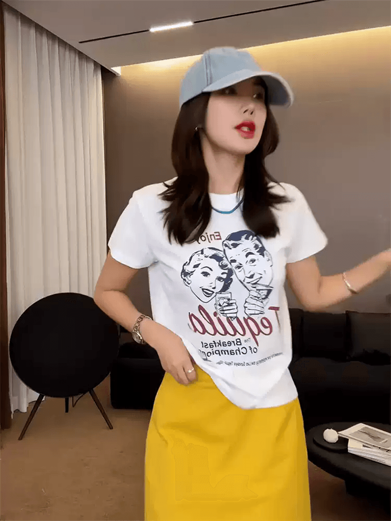 순면 40 220 그램 92 면 8 암모니아 Lun 한국 스타일 새로운 긍정적 인 어깨 반팔 티셔츠 여성 프린트 몸매 가꾸기 핫걸 맨위 이미지 4