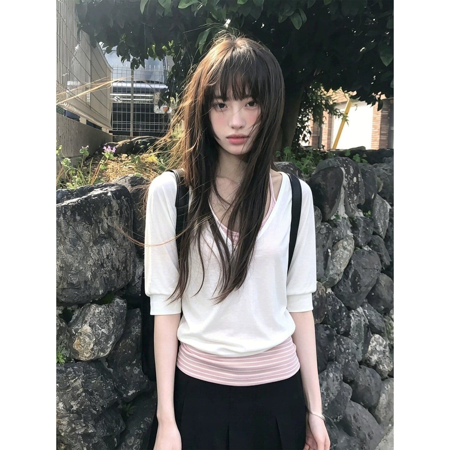한 부서 느긋한 바람 투피스 세트 V넥 중간 소매 티셔츠 여성 여름 새로운 캐주얼 다용도 슬림해 보이는 자외선 차단 블라우스 맨위 이미지 4