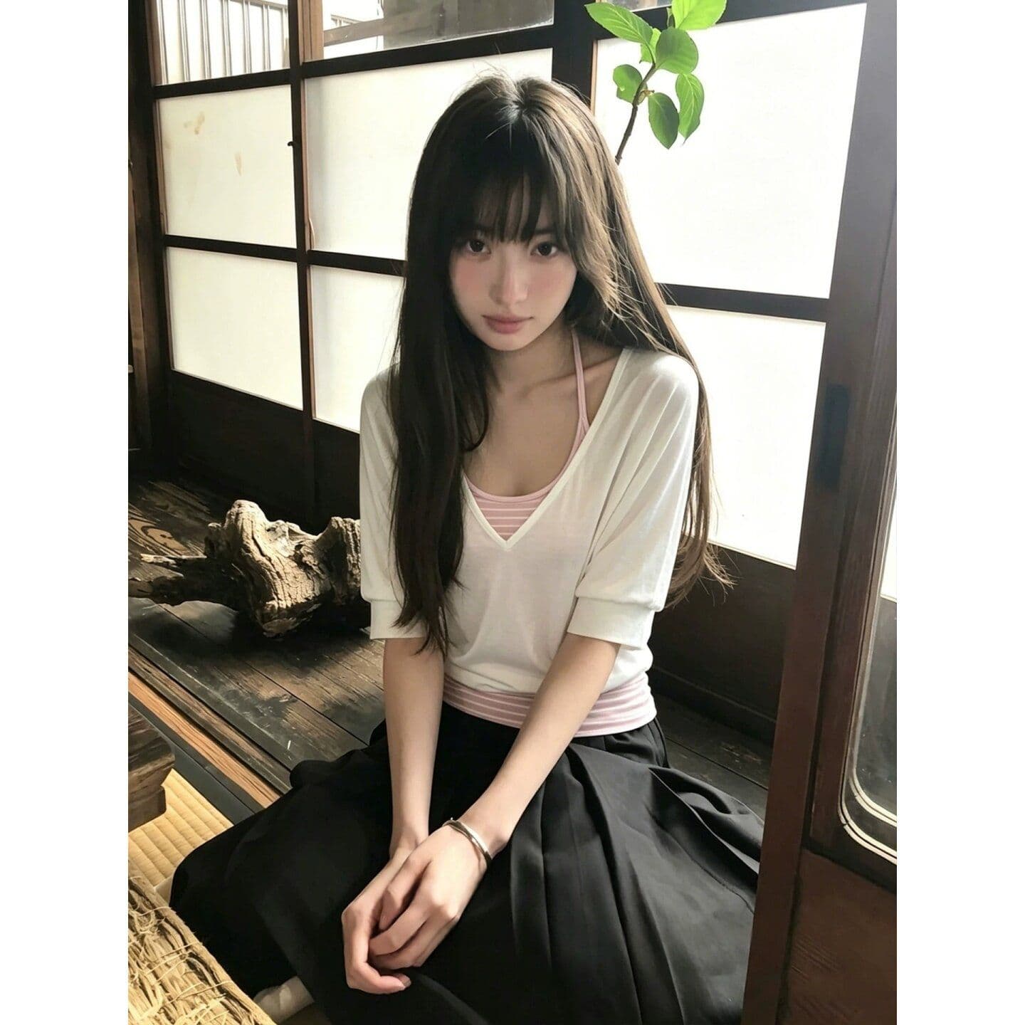 한 부서 느긋한 바람 투피스 세트 V넥 중간 소매 티셔츠 여성 여름 새로운 캐주얼 다용도 슬림해 보이는 자외선 차단 블라우스 맨위 상세 이미지 2