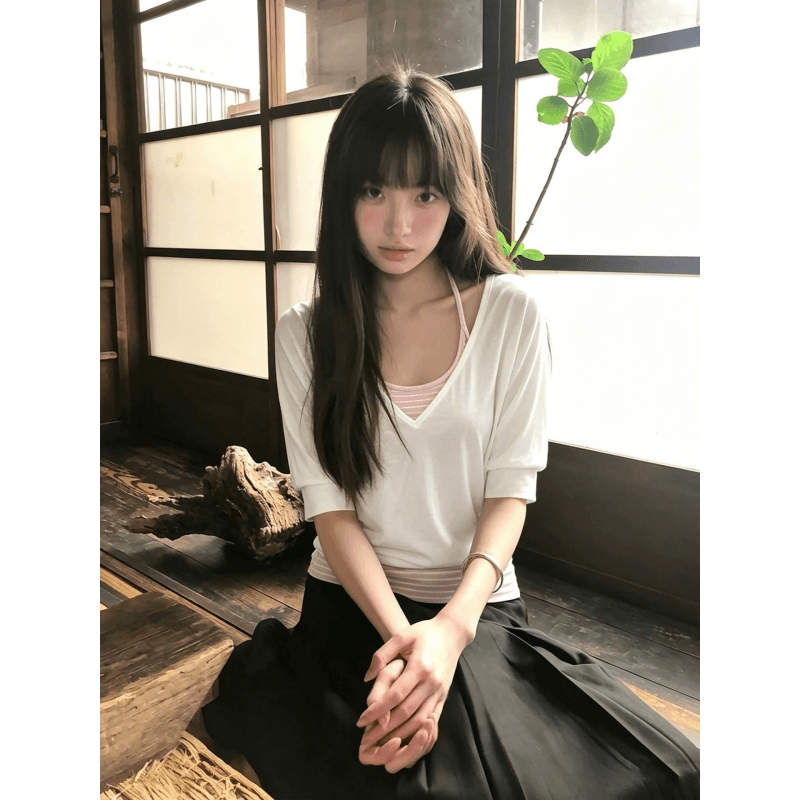 한 부서 느긋한 바람 투피스 세트 V넥 중간 소매 티셔츠 여성 여름 새로운 캐주얼 다용도 슬림해 보이는 자외선 차단 블라우스 맨위 상세 이미지 5