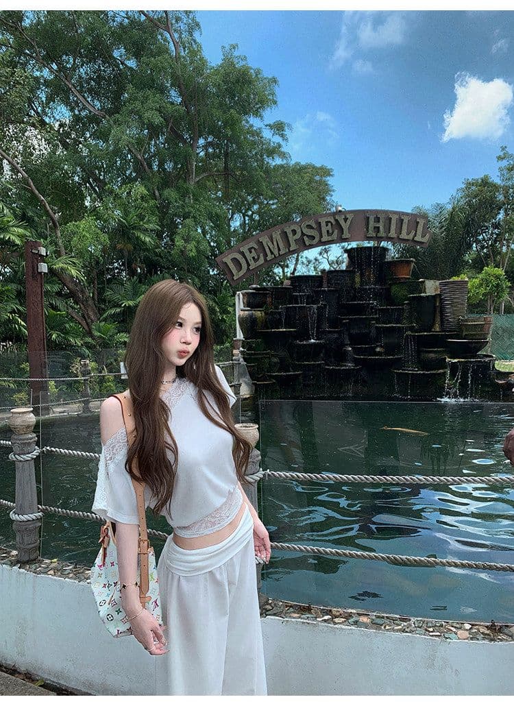아름다움 어깨 법 새싹 레이스 조각 비스듬한 어깨 티셔츠 여성 여름 허리 수축 슬림해 보이는 반팔 디자인 센스 핫걸 맨위 상세 이미지 5