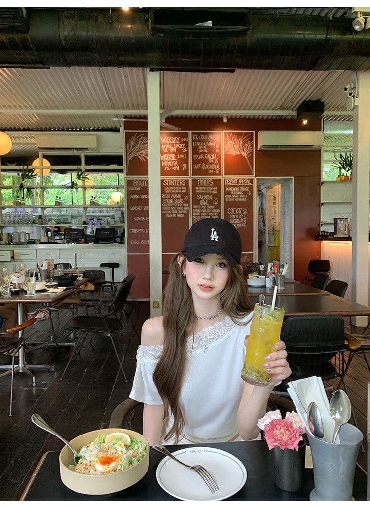 아름다움 어깨 법 새싹 레이스 조각 비스듬한 어깨 티셔츠 여성 여름 허리 수축 슬림해 보이는 반팔 디자인 센스 핫걸 맨위 상세 이미지 9