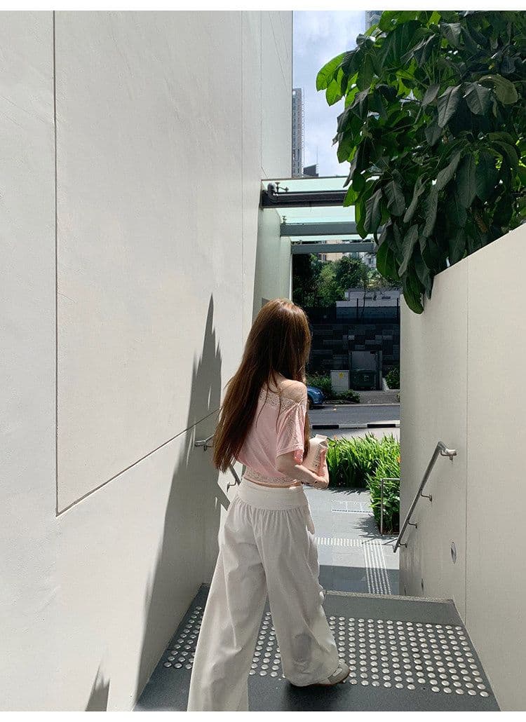 아름다움 어깨 법 새싹 레이스 조각 비스듬한 어깨 티셔츠 여성 여름 허리 수축 슬림해 보이는 반팔 디자인 센스 핫걸 맨위 상세 이미지 19