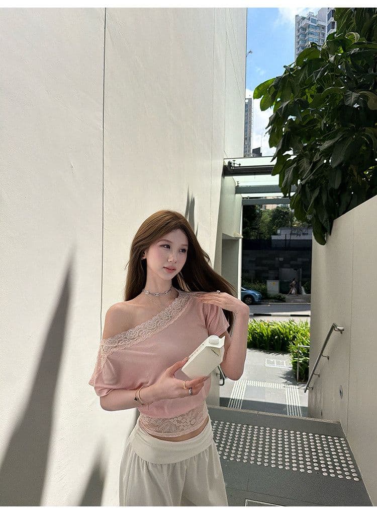 아름다움 어깨 법 새싹 레이스 조각 비스듬한 어깨 티셔츠 여성 여름 허리 수축 슬림해 보이는 반팔 디자인 센스 핫걸 맨위 상세 이미지 20