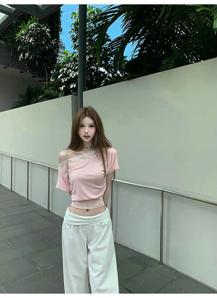 아름다움 어깨 법 새싹 레이스 조각 비스듬한 어깨 티셔츠 여성 여름 허리 수축 슬림해 보이는 반팔 디자인 센스 핫걸 맨위 상세 이미지 23