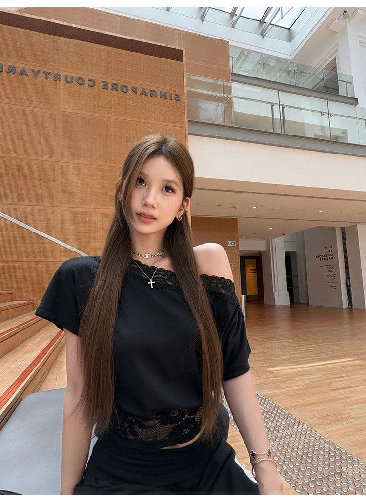 아름다움 어깨 법 새싹 레이스 조각 비스듬한 어깨 티셔츠 여성 여름 허리 수축 슬림해 보이는 반팔 디자인 센스 핫걸 맨위 상세 이미지 26
