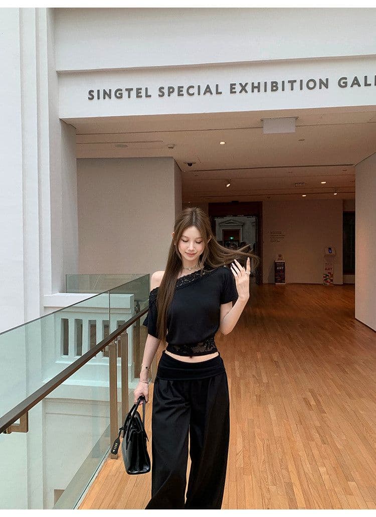 아름다움 어깨 법 새싹 레이스 조각 비스듬한 어깨 티셔츠 여성 여름 허리 수축 슬림해 보이는 반팔 디자인 센스 핫걸 맨위 상세 이미지 33