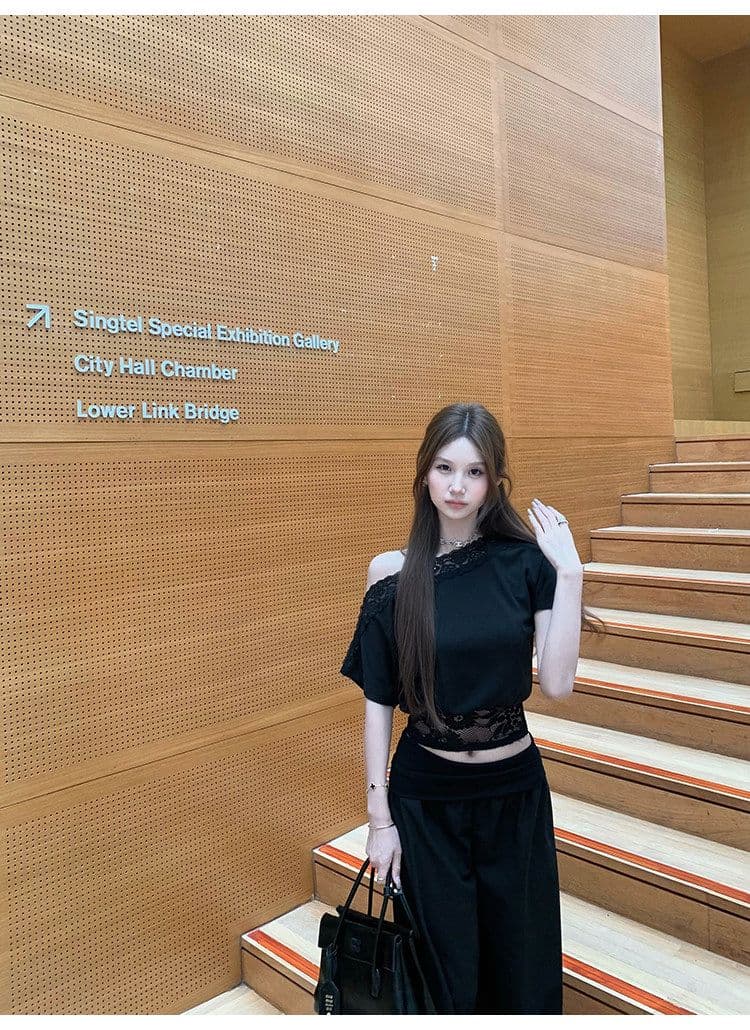아름다움 어깨 법 새싹 레이스 조각 비스듬한 어깨 티셔츠 여성 여름 허리 수축 슬림해 보이는 반팔 디자인 센스 핫걸 맨위 상세 이미지 34