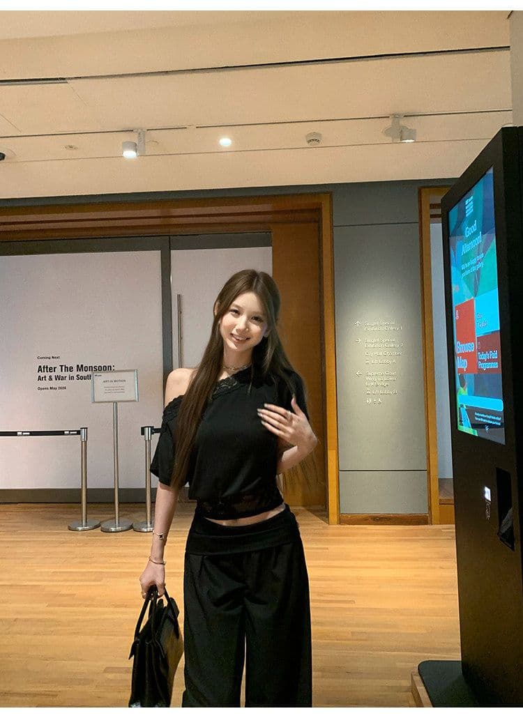 아름다움 어깨 법 새싹 레이스 조각 비스듬한 어깨 티셔츠 여성 여름 허리 수축 슬림해 보이는 반팔 디자인 센스 핫걸 맨위 상세 이미지 38