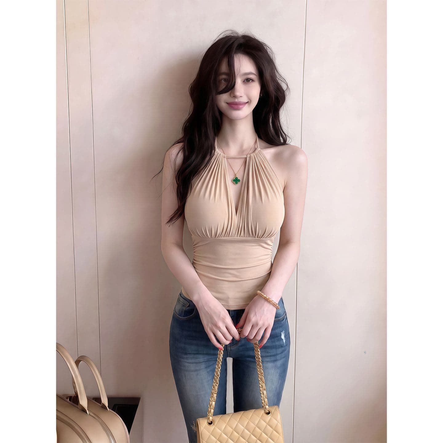 섹시함 품격 바람 행침 목 펌프 Pleat 수 있습니다. 조정 캐미솔 새로운 여성 의류 2026 여름 몸매 가꾸기 슬림해 보이는 맨위 이미지 5