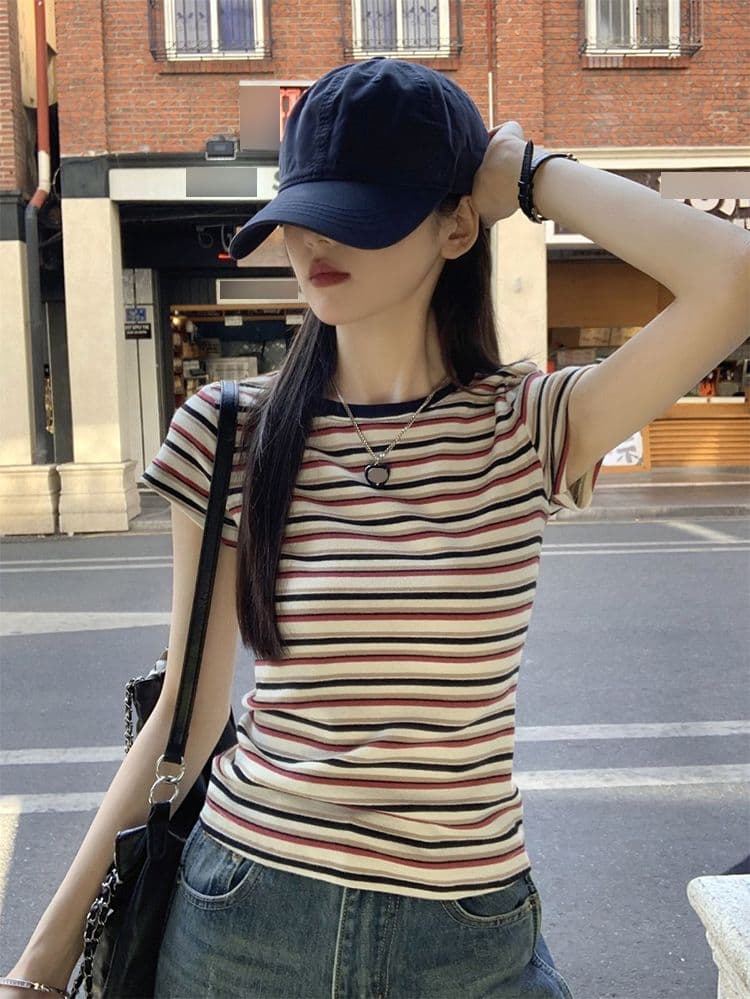 폭발 한국 스타일 컬러 짜임 스트라이프 긍정적 인 어깨 아메리칸 레트로 반팔 티셔츠 여성 여름 순수한 욕망 핫걸 몸매 가꾸기 쇼트 스타일 맨위 상세 이미지 4