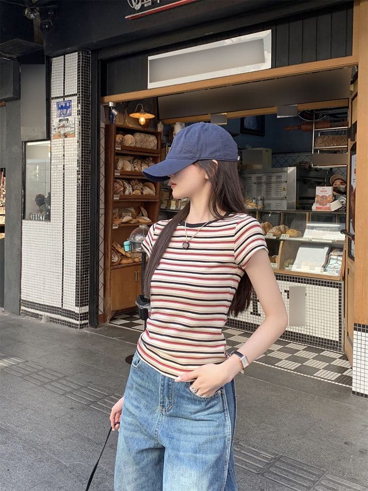 폭발 한국 스타일 컬러 짜임 스트라이프 긍정적 인 어깨 아메리칸 레트로 반팔 티셔츠 여성 여름 순수한 욕망 핫걸 몸매 가꾸기 쇼트 스타일 맨위 상세 이미지 6