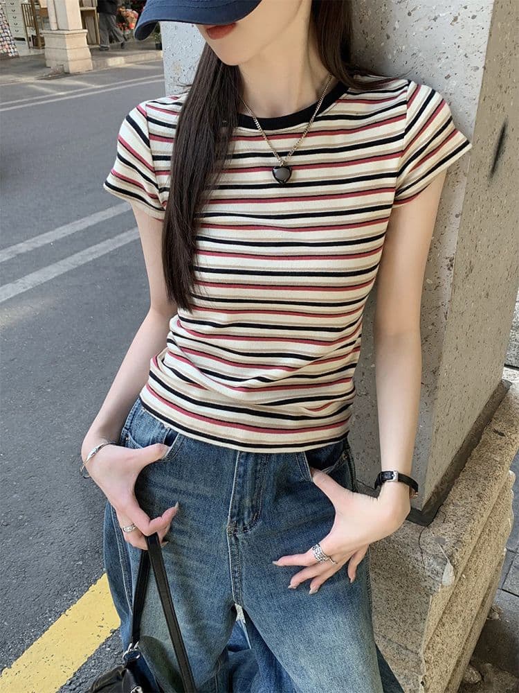 폭발 한국 스타일 컬러 짜임 스트라이프 긍정적 인 어깨 아메리칸 레트로 반팔 티셔츠 여성 여름 순수한 욕망 핫걸 몸매 가꾸기 쇼트 스타일 맨위 상세 이미지 8