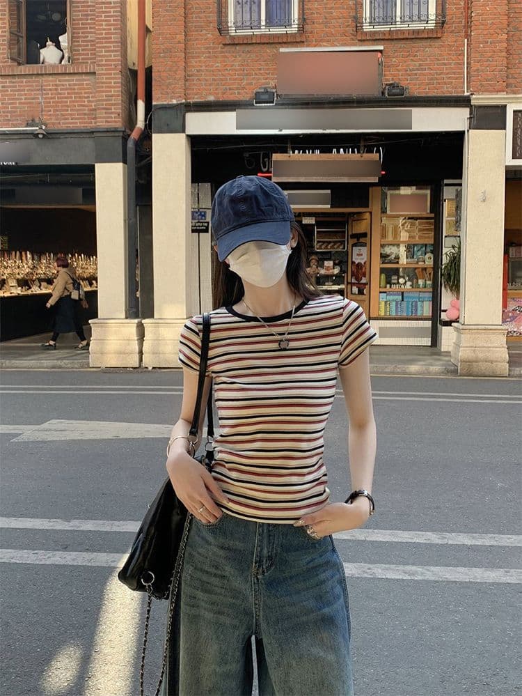 폭발 한국 스타일 컬러 짜임 스트라이프 긍정적 인 어깨 아메리칸 레트로 반팔 티셔츠 여성 여름 순수한 욕망 핫걸 몸매 가꾸기 쇼트 스타일 맨위 상세 이미지 11